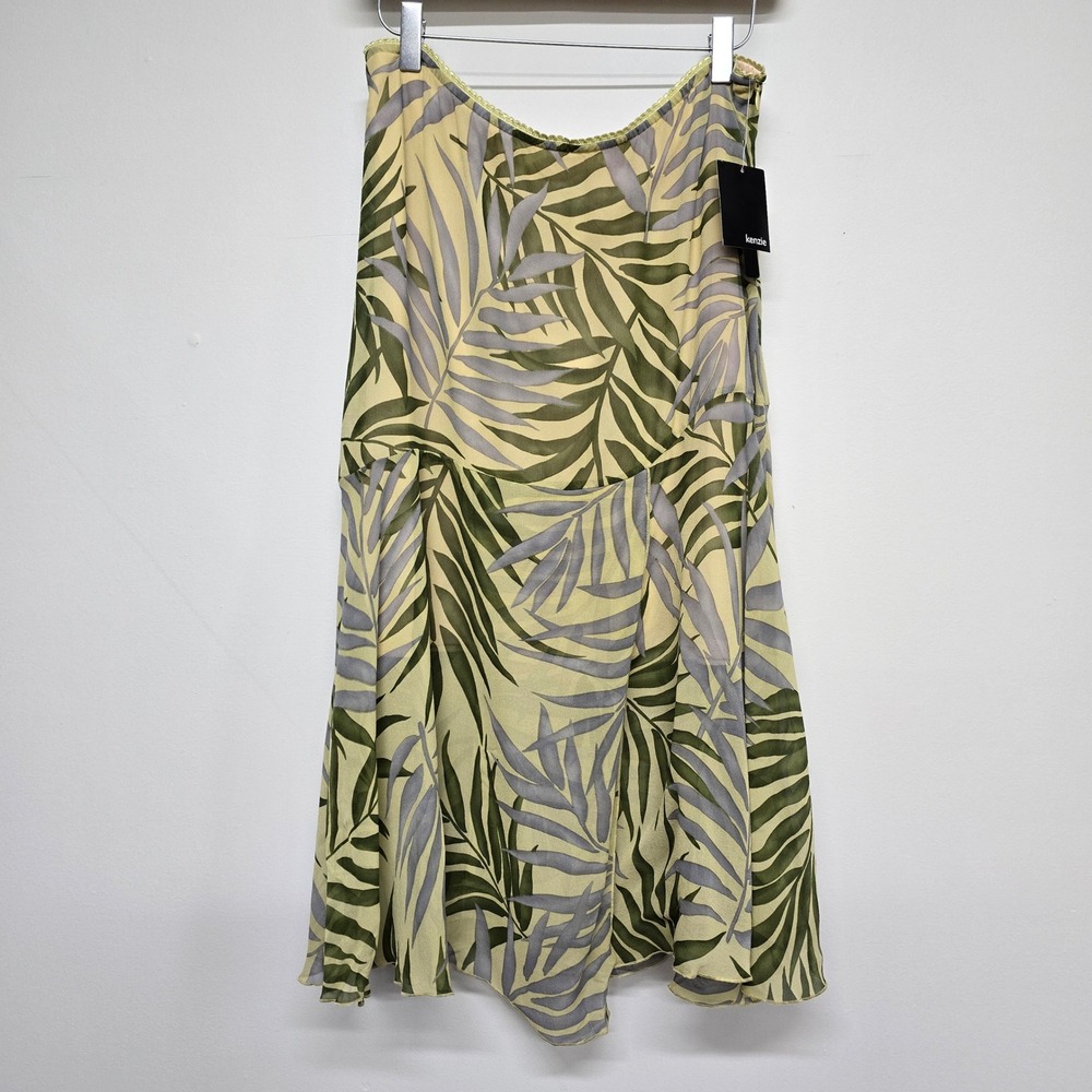 kenzie Silk Tropical Palm Leaf‎ Skirt Womens 10 Green Purple Midi Boho Summer
